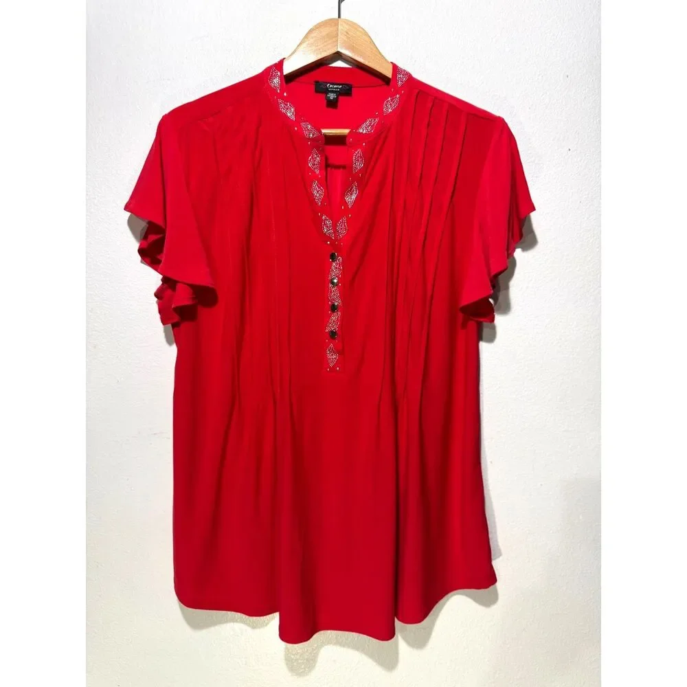 Cocomo popover shirt romantic saint valentine festive red plead casual women 1X
